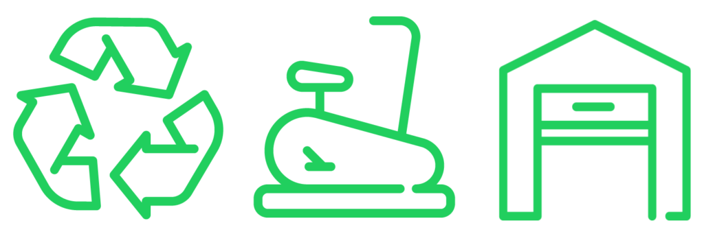 3 green icons in a row: recycling symbol, exercise machine, and recycling depot icon