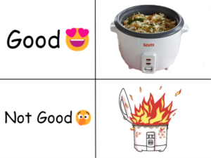 Image of a rice cooker working perfectly to denote that said product is in good condition alongside image of rice cooker on fire to show product is defective